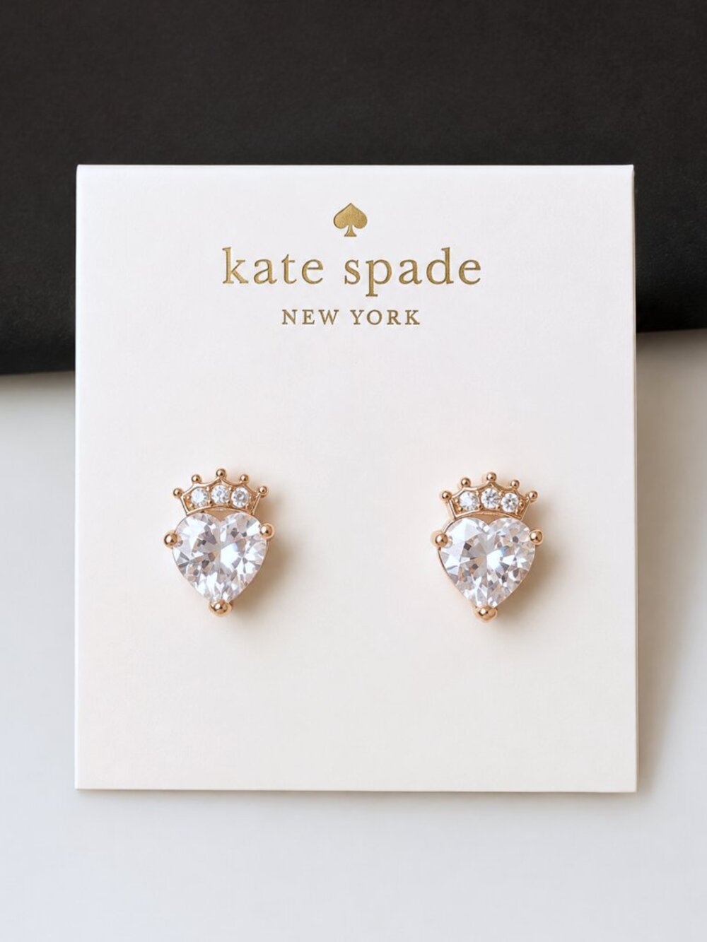 Kate Spade Crystal Heart Crown Stud Earrings Gold Tone Princess Jewelry